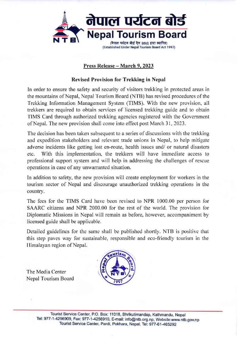 Nepal Tourism Board Notice